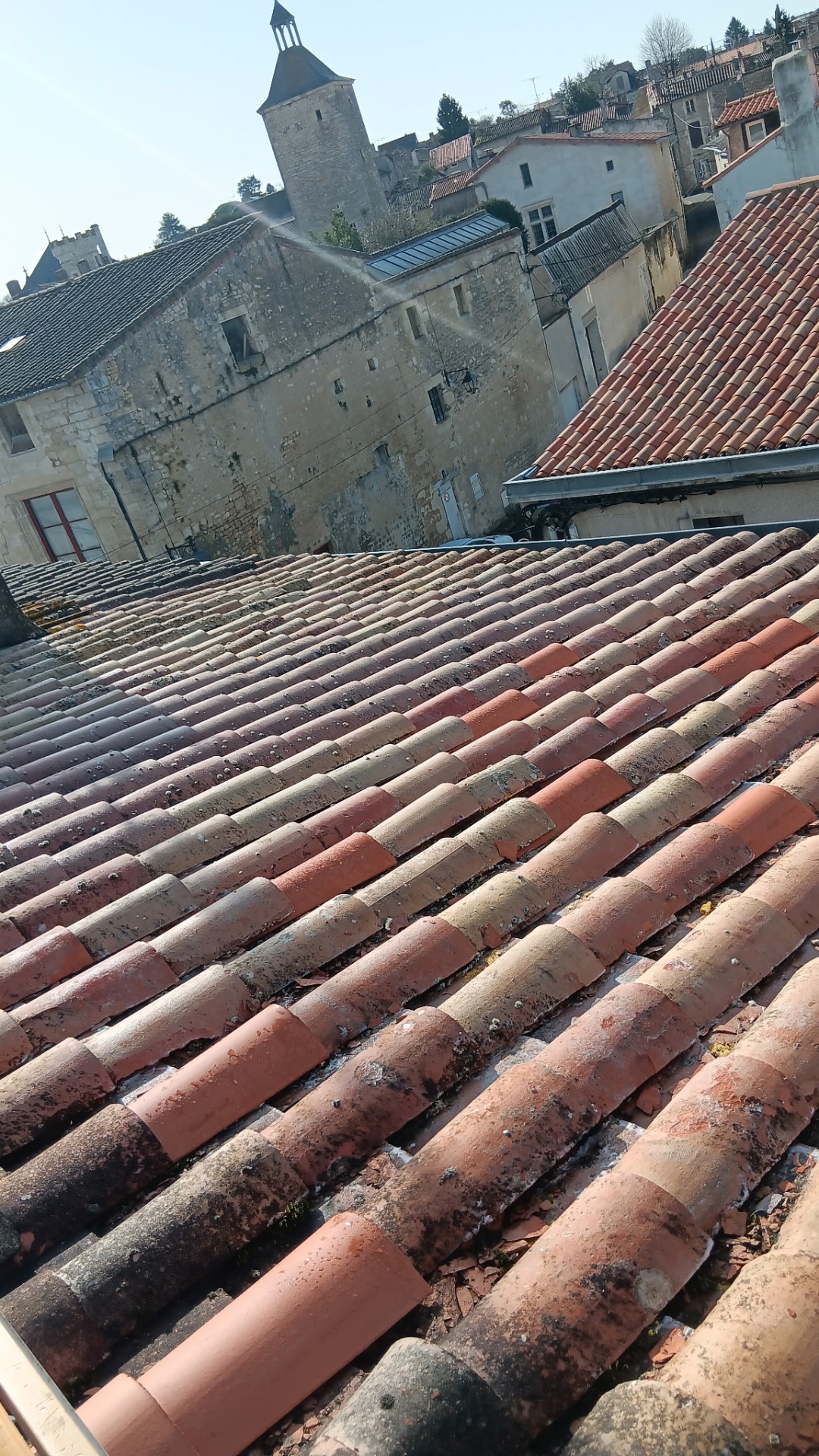 Nettoyage de toiture en tuiles canal dans un centre ancien