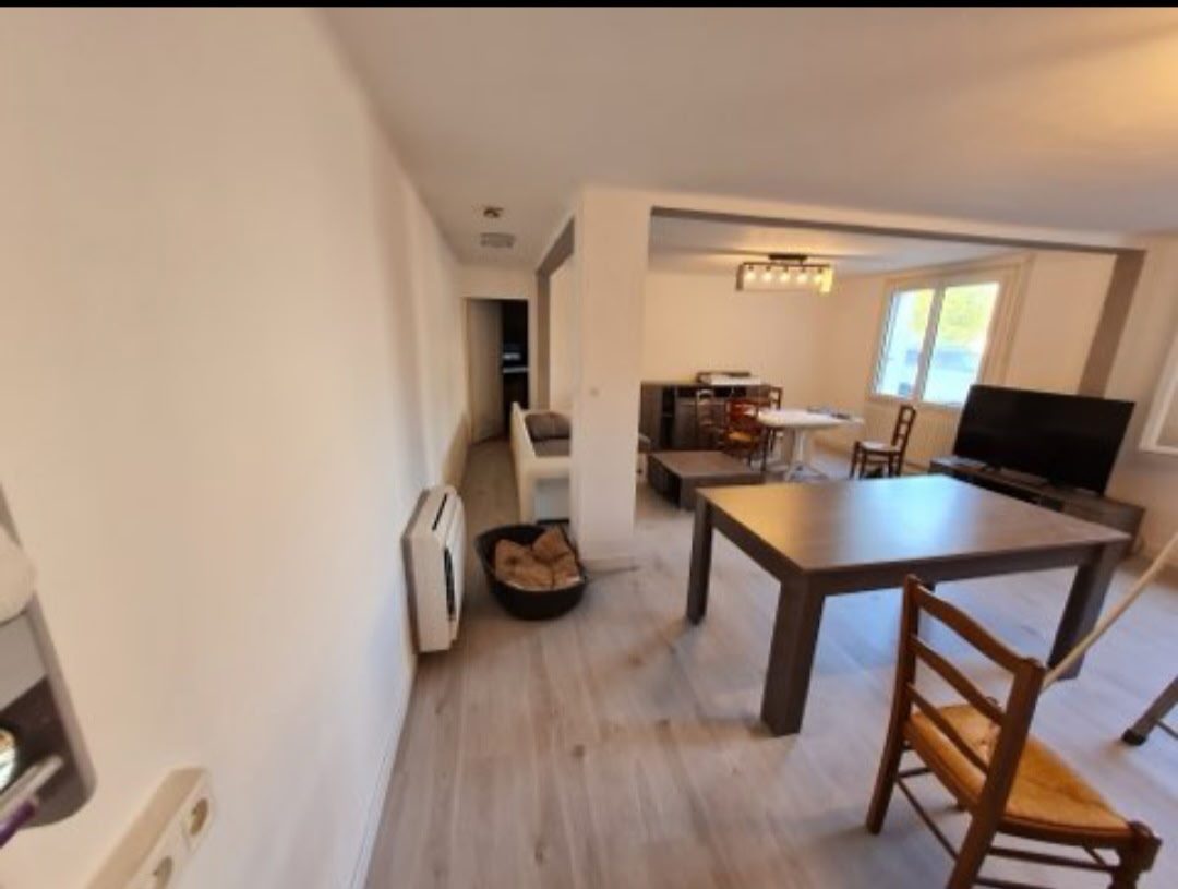 Pièce de vie rénovée avec peinture claire, plafond refait et parquet